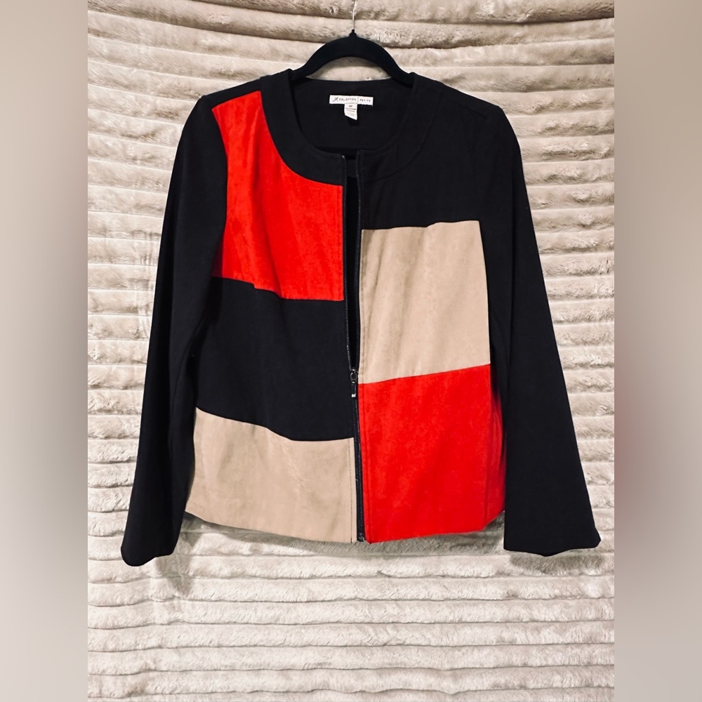 Colorblock Zip Front Jacket - Black, Red & Beige